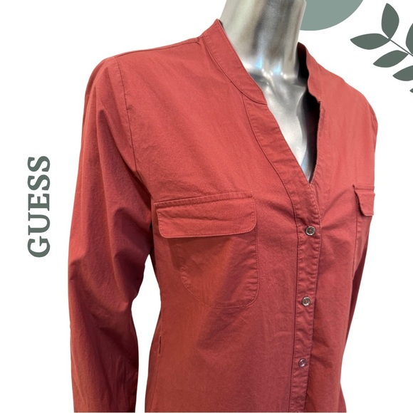 GUESS Rust Red Utility Blouse Long Sleeve V Neck– Size Medium - Picture 5 of 7